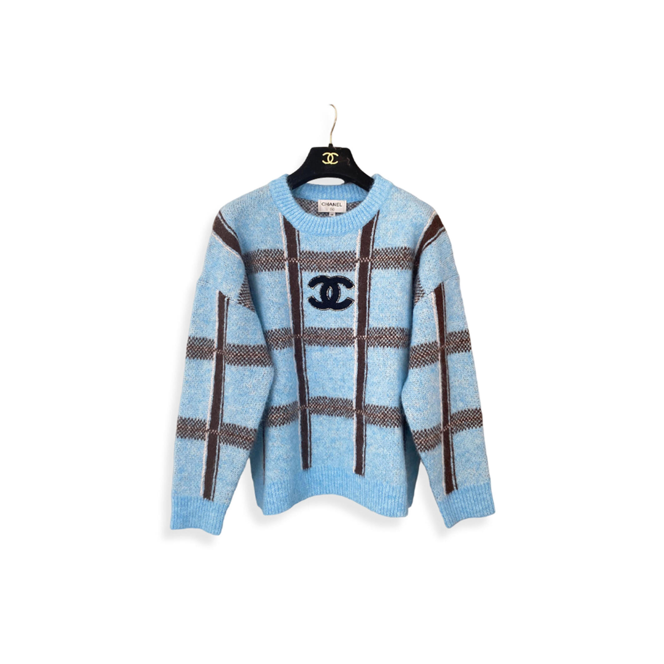 CHANEL COLOR-BLOCKED PLAID PULLOVER LONG-SLEEVED SWEATER 